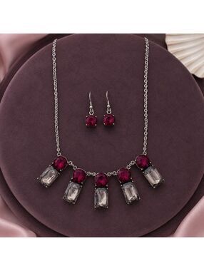 Raspberry Red Clear Crystal Silver Tone Statement Necklace Earrings Set